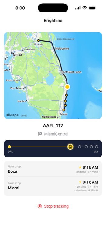 The Tracker for Brightline app showing a map of the Florida route, the journey strip, and next and final stop times.