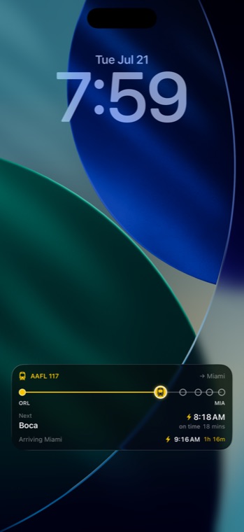 iPhone Lock Screen showing the Tracker for Brightline Live Activity: train AAFL 117 to Miami, next stop Boca at 8:18 AM, on time.